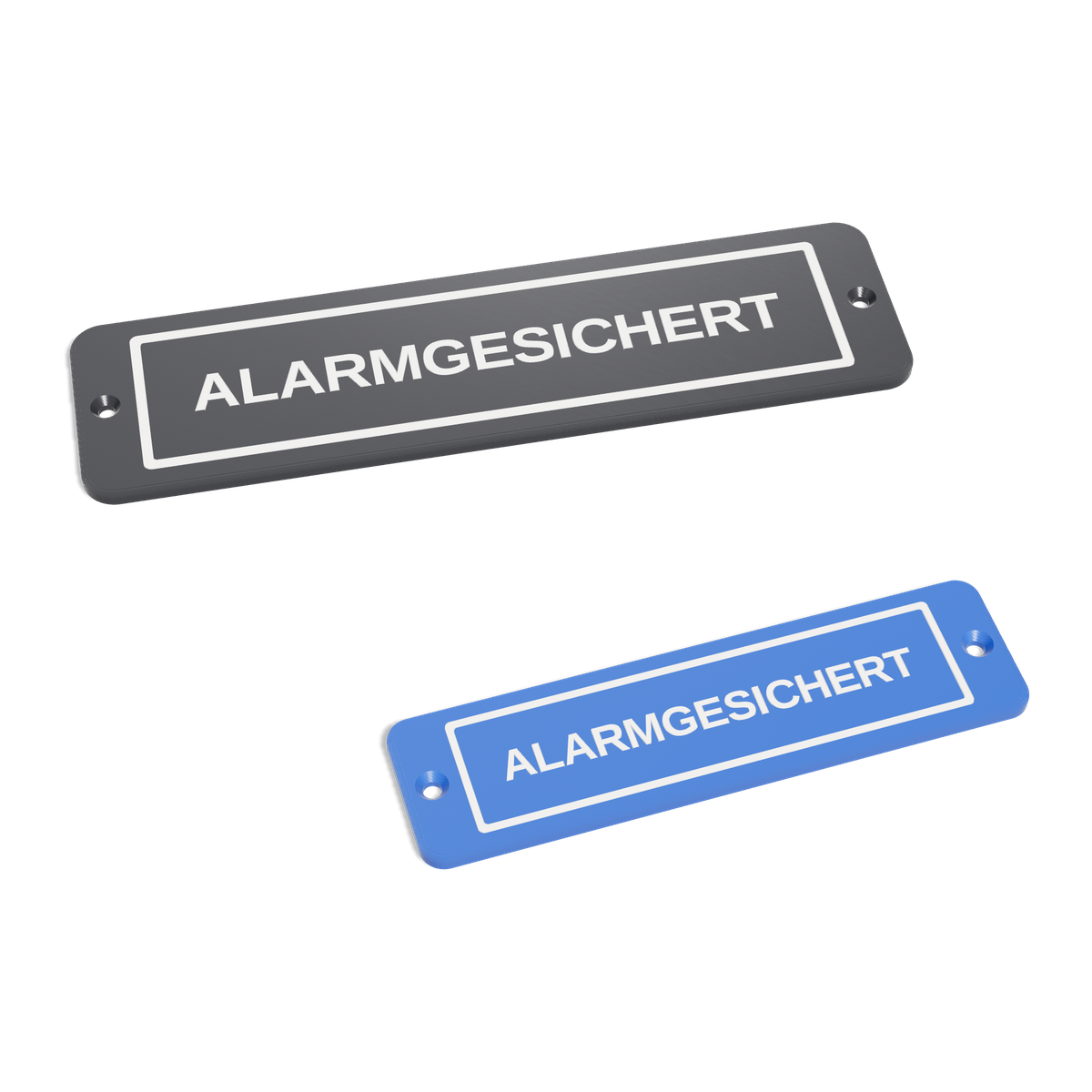 Zwei Alarmstreifen «ALARMGESICHERT»: weiss auf anthrazit und weiss auf blau
