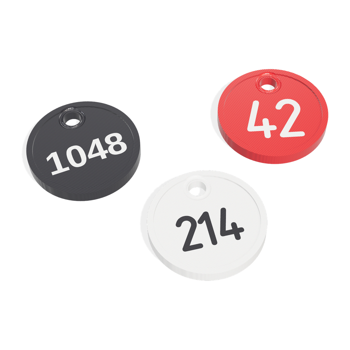 Drei Depotmarken Ø 30 mm: 214 schwarz auf weiss, 1048 weiss auf schwarz, 42 auf rot — Nummer mitgedruckt
