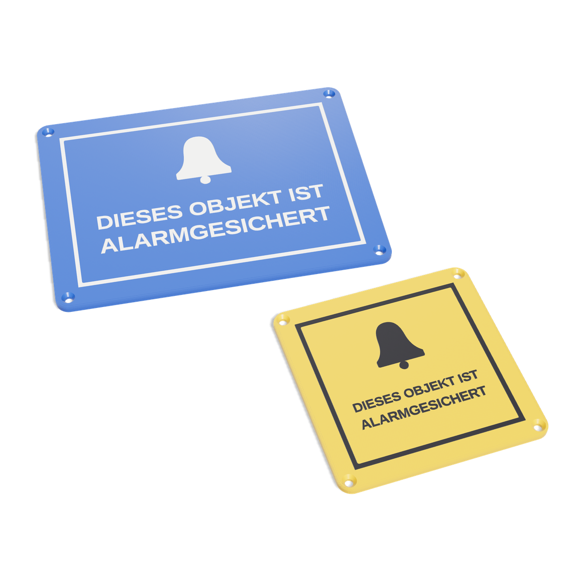 Zwei Hinweisschilder «Dieses Objekt ist alarmgesichert» mit Glocken-Piktogramm: weiss auf blau und schwarz auf gelb