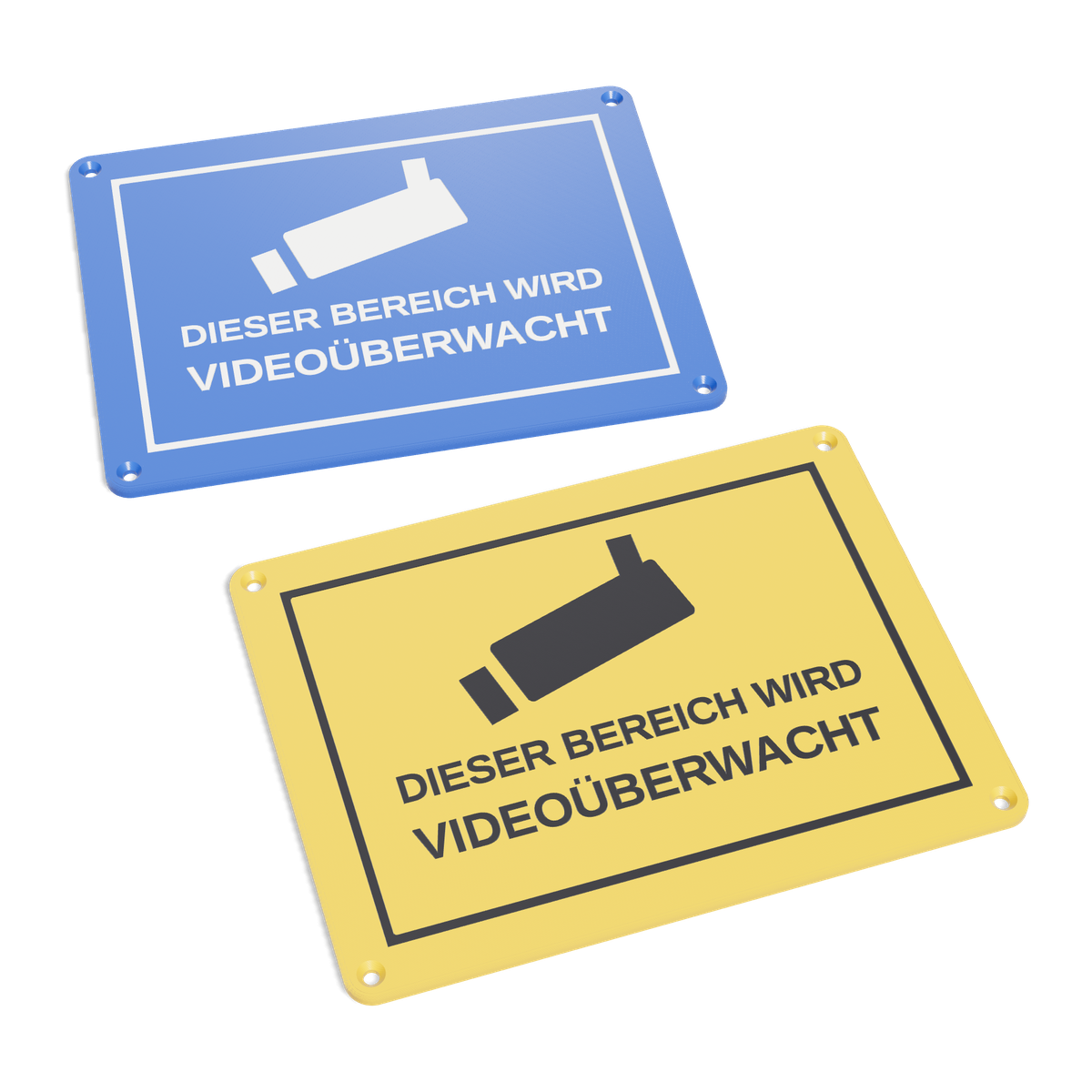 Zwei Hinweisschilder «Dieser Bereich wird videoüberwacht»: weiss auf blau und schwarz auf gelb, mit Kamera-Piktogramm