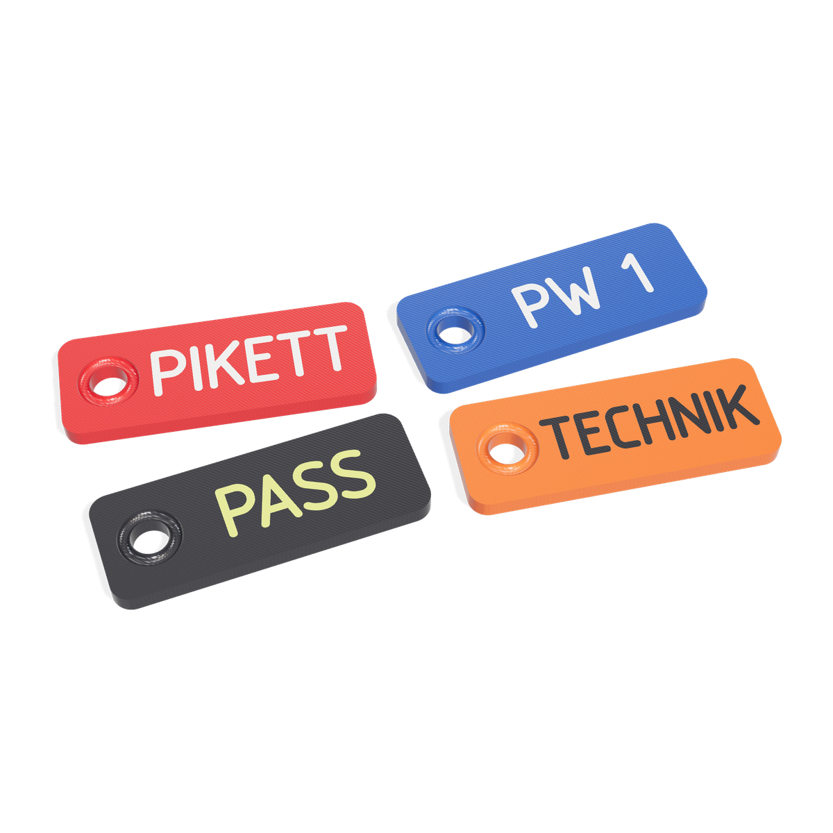 Vier Klartext-Kennzeichner: PIKETT in Rot, PW 1 in Blau, PASS in Schwarz, TECHNIK in Orange — Text beidseitig mitgedruckt