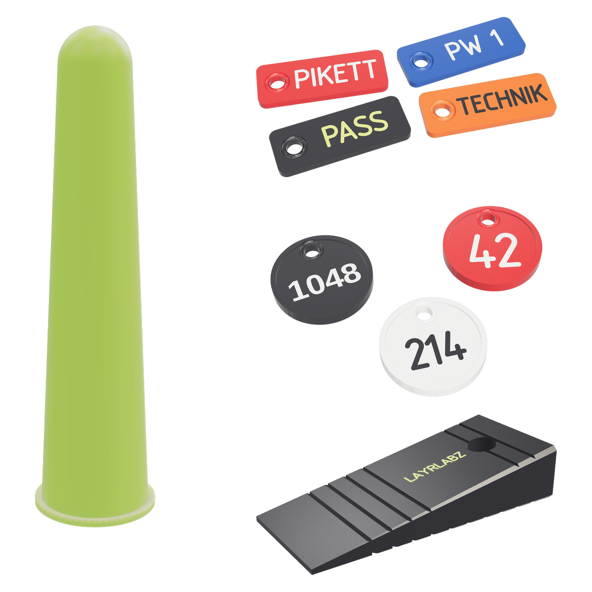 Inhalt der Probebox: Signalkegel, Depotmarken, Kennzeichner und Türkeil