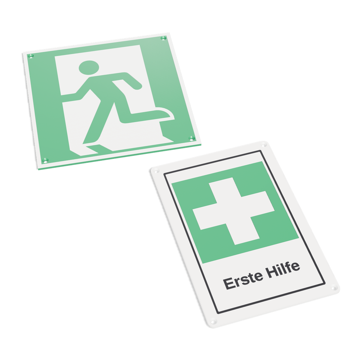 Rettungszeichen nach ISO 7010: Symbolschild und Kombischild mit Text